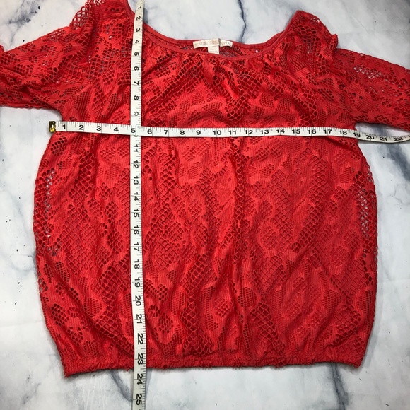 Boston Proper Coral Orange Floral Lace Mesh Blouse - Picture 4 of 8
